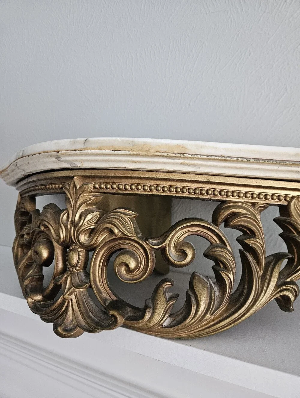 Vintage Turner Manufacturing Ornate Gold Half Moon Wall Shelf With Marble Top